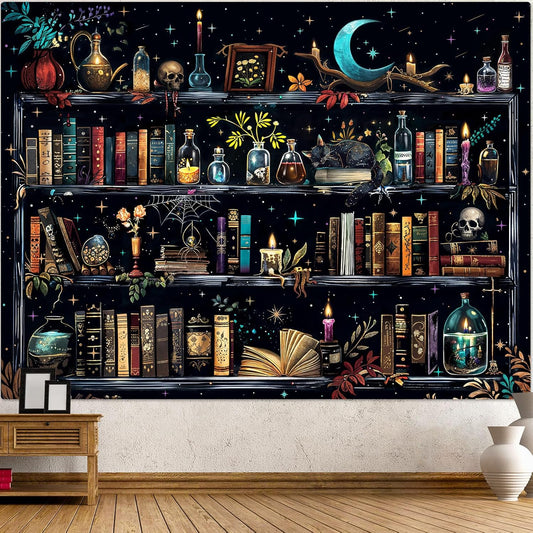 Accnicc Magic Bookshelf Tapestry Magical Witchy Potion Dark Hippie Haloween Tapestries Wall Hanging Gothic Skull Black Cat Library Book Tapestry for Bedroom Living Room Dorm 80 x 60 inch