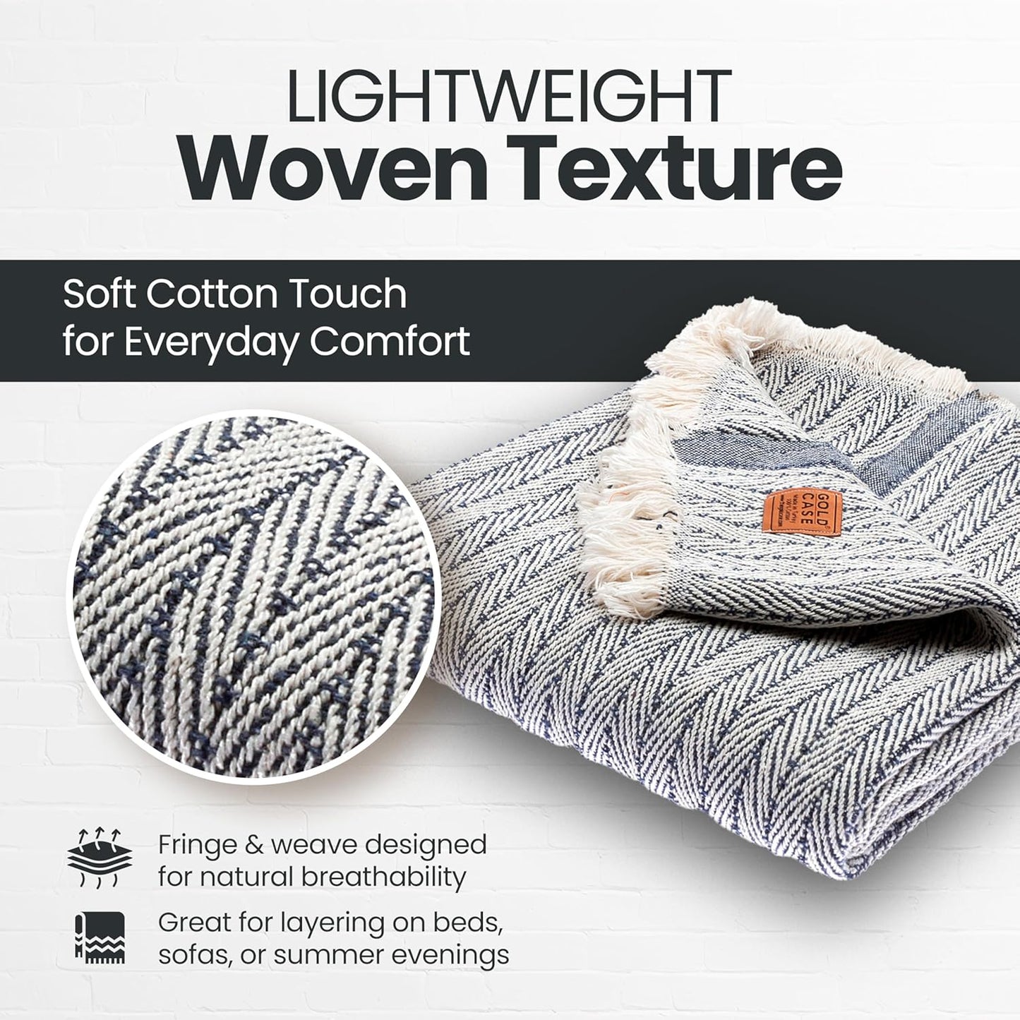 Gold Case Throw Blanket for Couch – 100% Recycled Turkish Cotton Blankets & Throws – Elegant Decorative Throw Blankets for Living Room Sofa – Woven Throws for Couch – Vintage Navy Blue – 50x60