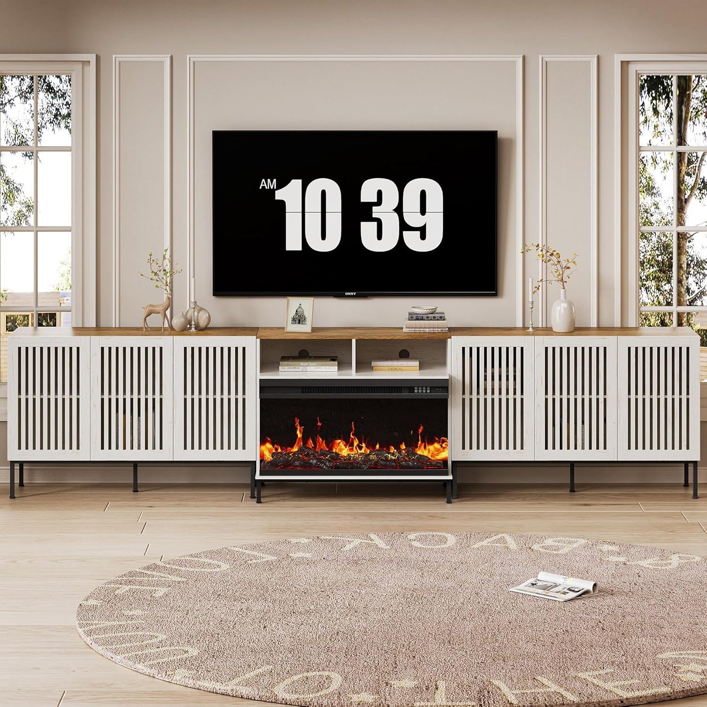 3-Sided Glass Farmhouse Fireplace TV Stand for TVs Up to 110 Inch, Entertainment Center with 36" Electric Fireplace, Antique White TV Console with Storage Cabinets for Living Room