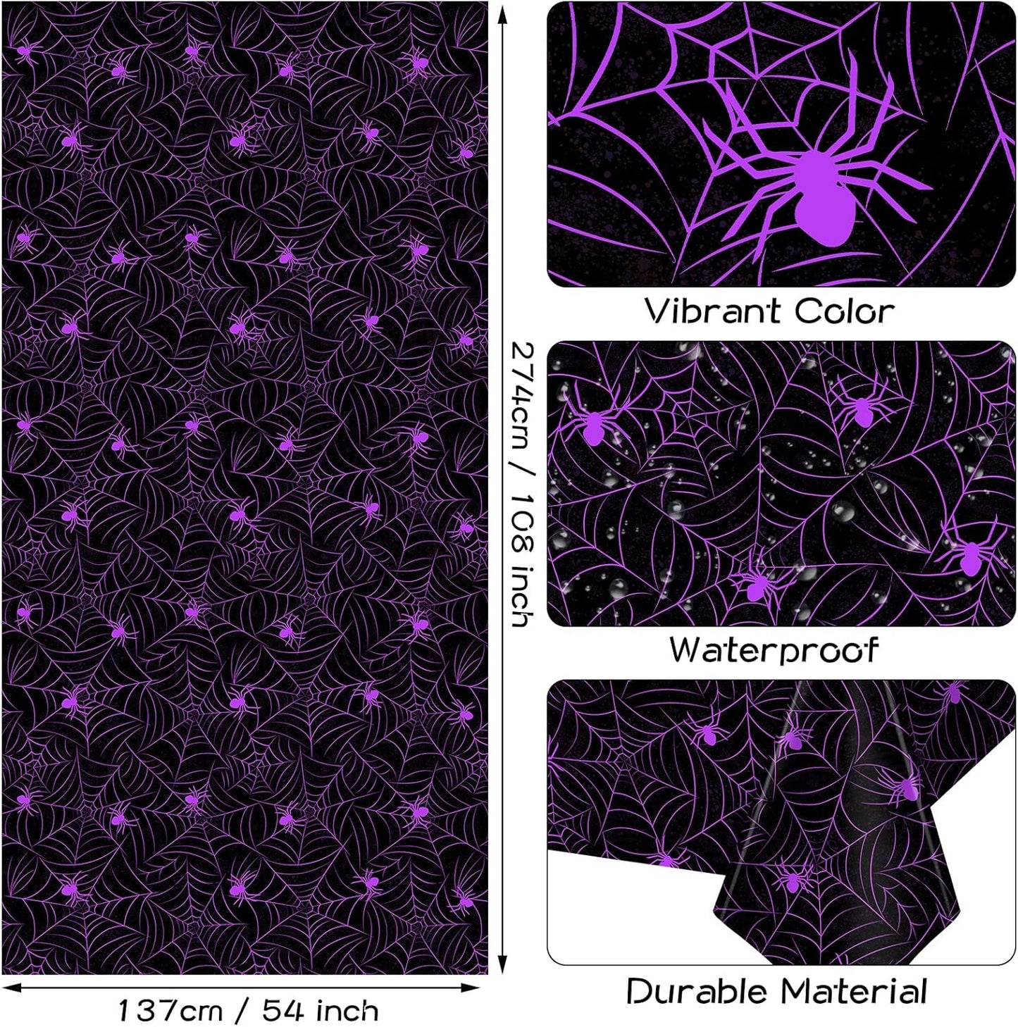 TREWAVE 3 Pack Halloween Spiderweb Tablecloth Rectangular Plastic Spider Web Table Cloth Large Size Table Covers for Home Decor Halloween Party Decorations 54" x 108" (Purple Spider)