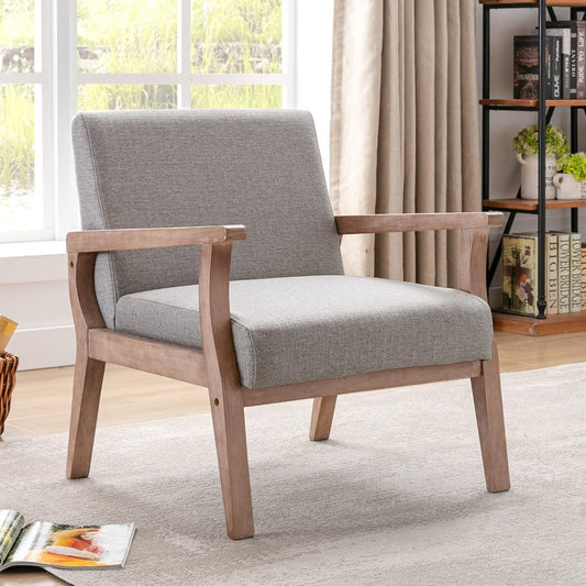 HNY Mid Century Armchair with Hardwood Frames, Linen Upholstered Living Room Chair, for Living Room Bedroom, Light Grey