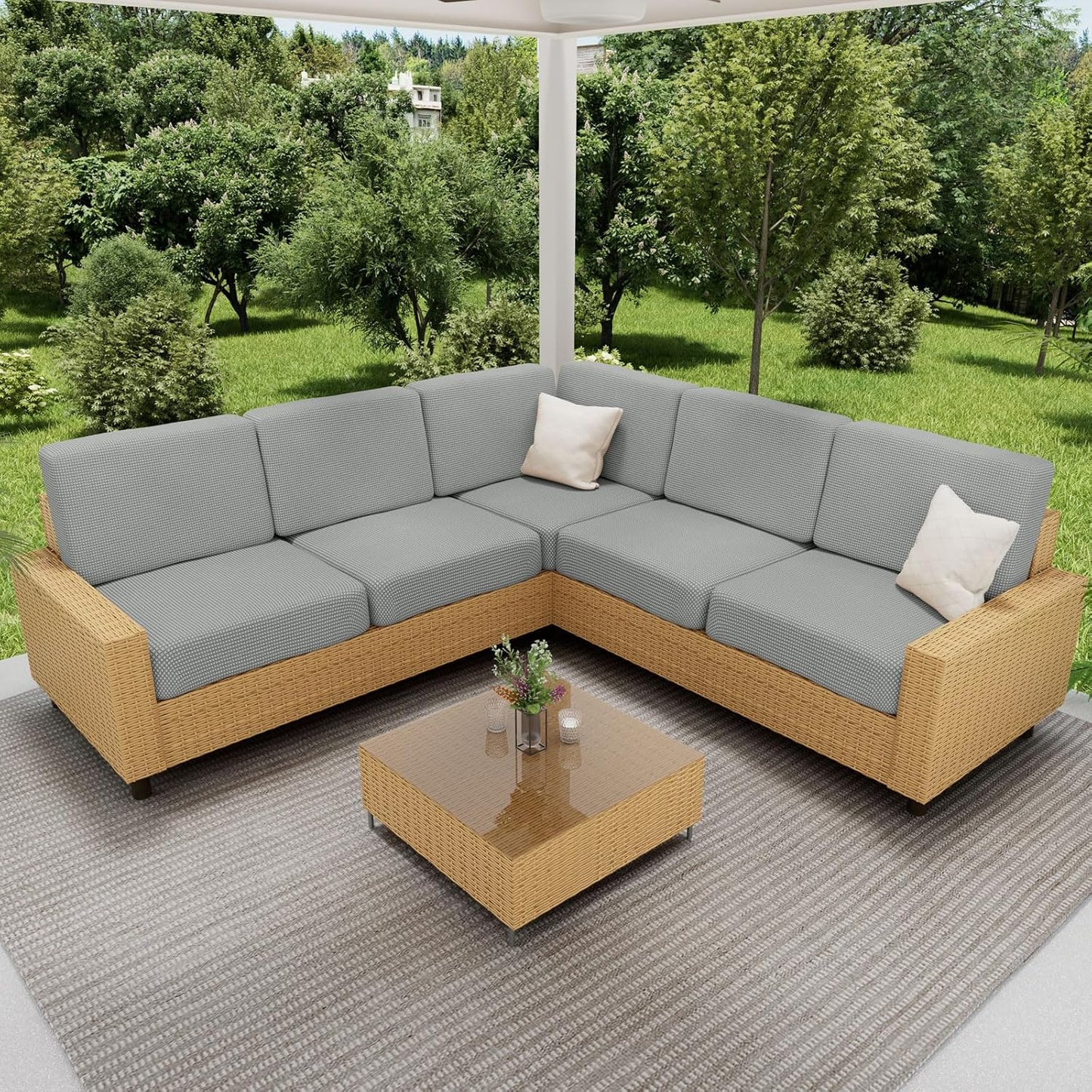 hyha Waterproof Couch Cushion Covers for Pets, Non Slip Sofa Seat Cover for Dogs Washable, Soft Thick Stretch Jacquard Fabric, Sofa Slipcovers with Elastic Bottom (1 Chaise+3 Seater, Light Grey)