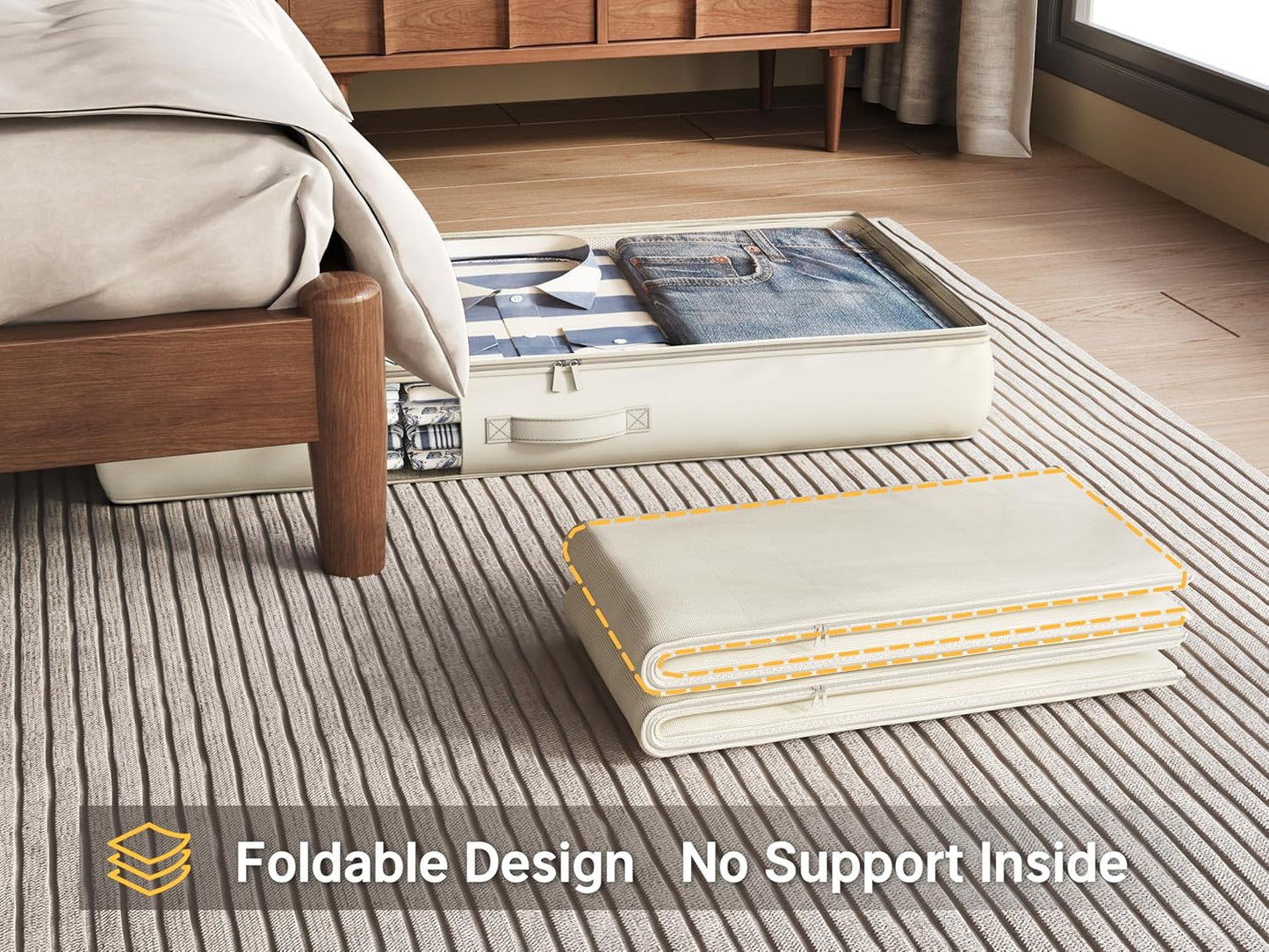 Under Bed Storage Containers with Window, Closet Organizers and Storage Bags, Foldable Underbed Storage Bags for Blankets, Clothing, Comforter, Linen Sheets, Wrapping Paper, 3 Pack, White Ivory