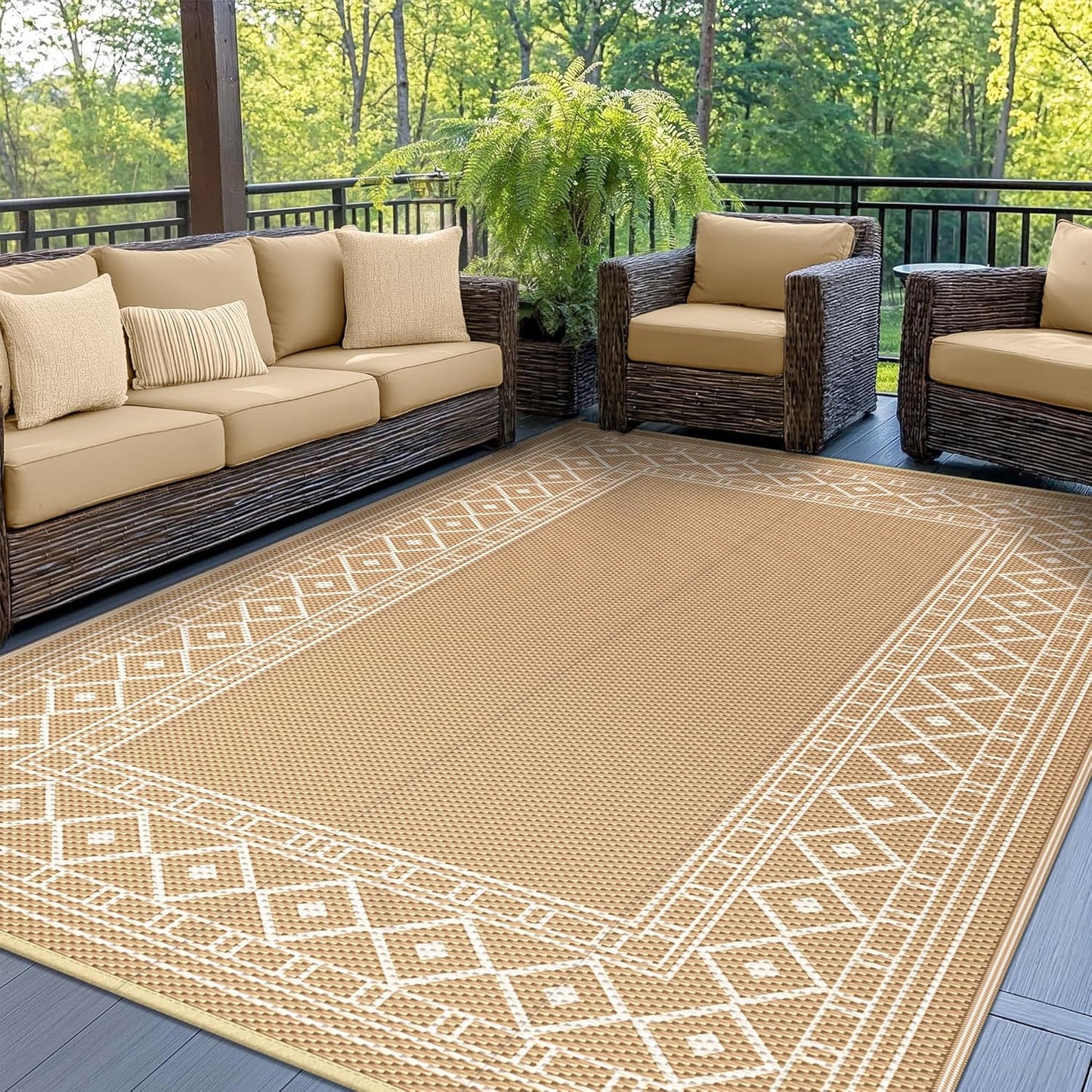 GENIMO Outdoor Rug 5'x8' Waterproof for Patio Decor, Reversible Outdoor Plastic Straw Rug Carpet, Camping Mats for Outdoor, RV, Backyard, Deck, Balcony, Picnic, Brown & Beige