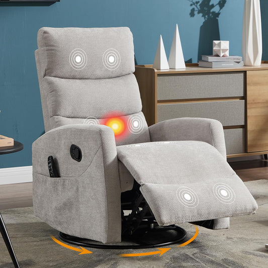 Manual Swivel Rocker Recliner Chair for Adults, Overstuffed Reclining Glider Chair for Nursing with Vibration Massage & Heat, Living Room Rocking Recliner 3-Stage backrest, Chenille Fabric Light Gray