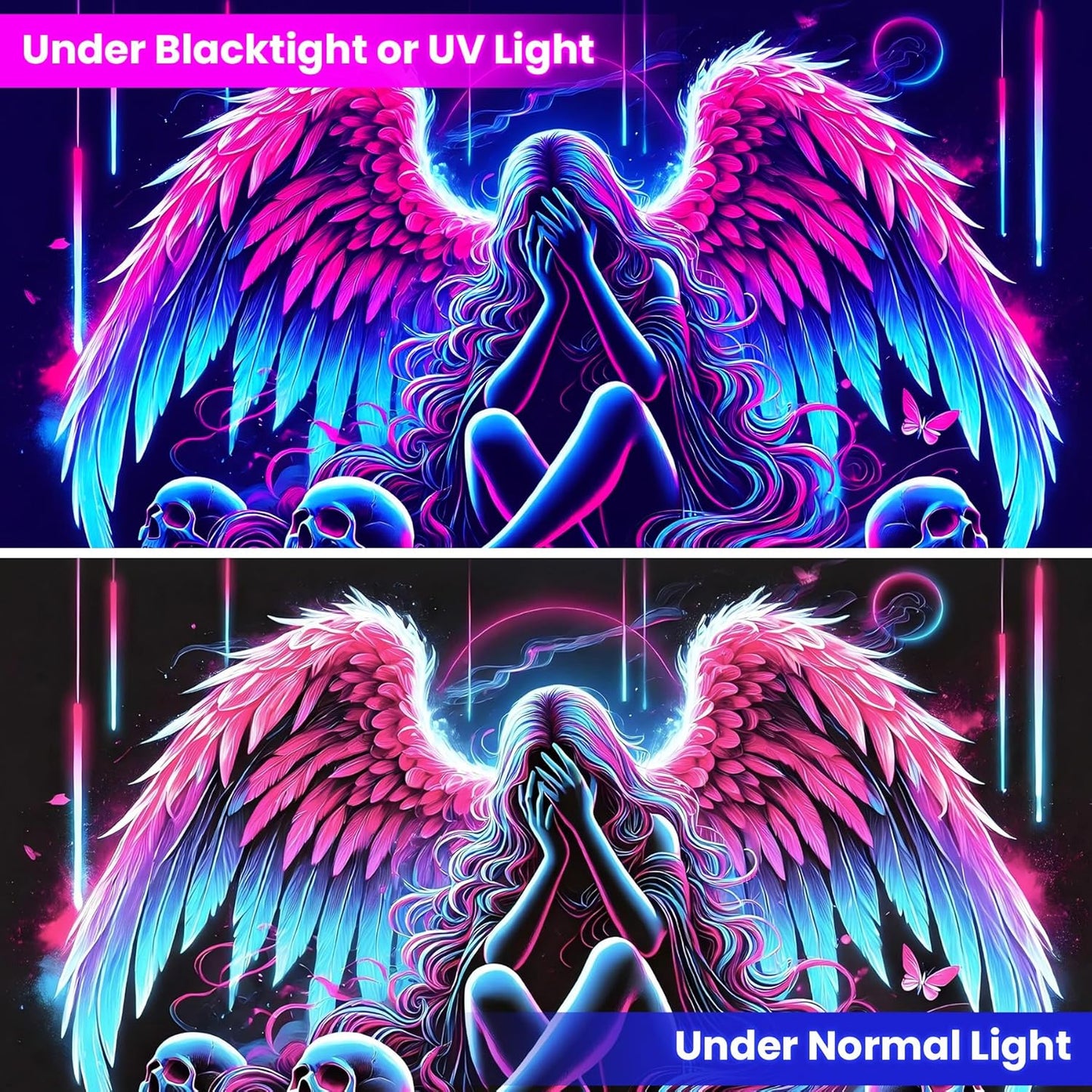 Blacklight Tapestry,WingTapestry Glow In The Dark,UV Reactive Black Light Upright Posters Wall Hanging for Bedroom Dorm Living Room Backdrop Decor (wing1, 79L" x 59W")