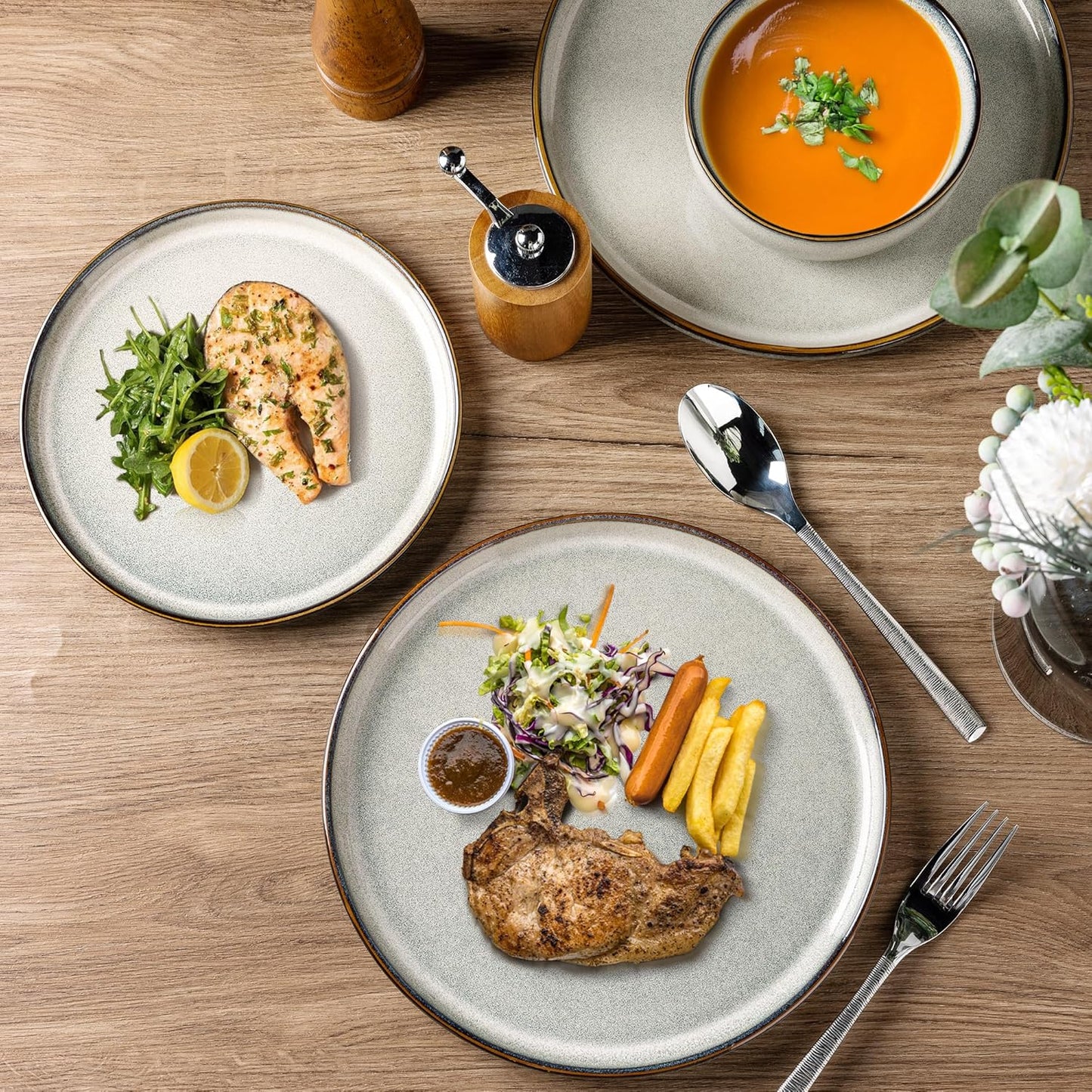 GBHOME Ceramic Dinnerware Sets for 4, 12 Pieces Stoneware Plates and Bowls Sets, Reactive Glaze Dishes -Scratch Resistant, Dishwasher&Microwave Safe, Green Wheat