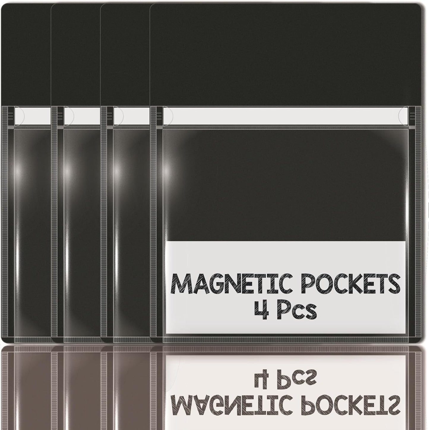 Magnetic Pocket 4 Pack – Self-Adhesive Magnetic Storage Pouch for Documents, Notes & Tools, Strong Magnet Backing for Fridge, Whiteboards, and Metal Surfaces (Black 4Pcs)
