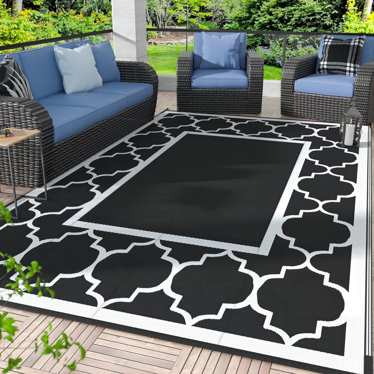 GENIMO 6' x 9' Outdoor Rug Waterproof for Patio Decor, Foldable Reversible Plastic Straw Area Rugs Mat for Camper, Morden Carpet for Outside, Rv, Deck, Porch, Picnic, Beach, Balcony, Black & White
