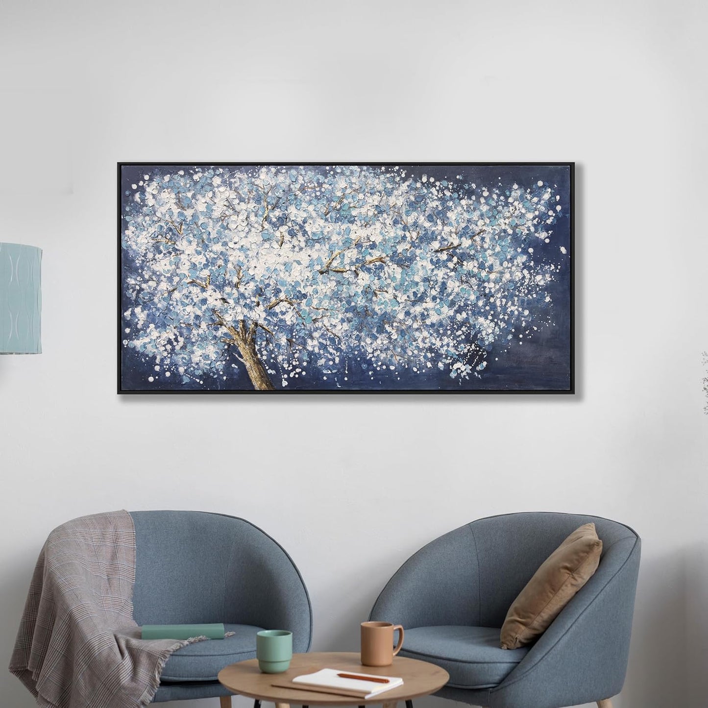 Wall Art Canvas Oil Painting Dark Blue And White Abstract Tree Plants Wall Decor Pictures Framed For Bedroom Canvas Wall Decorations Artwork For Living Room Dinning Room Home Office 20 X 40 Inch