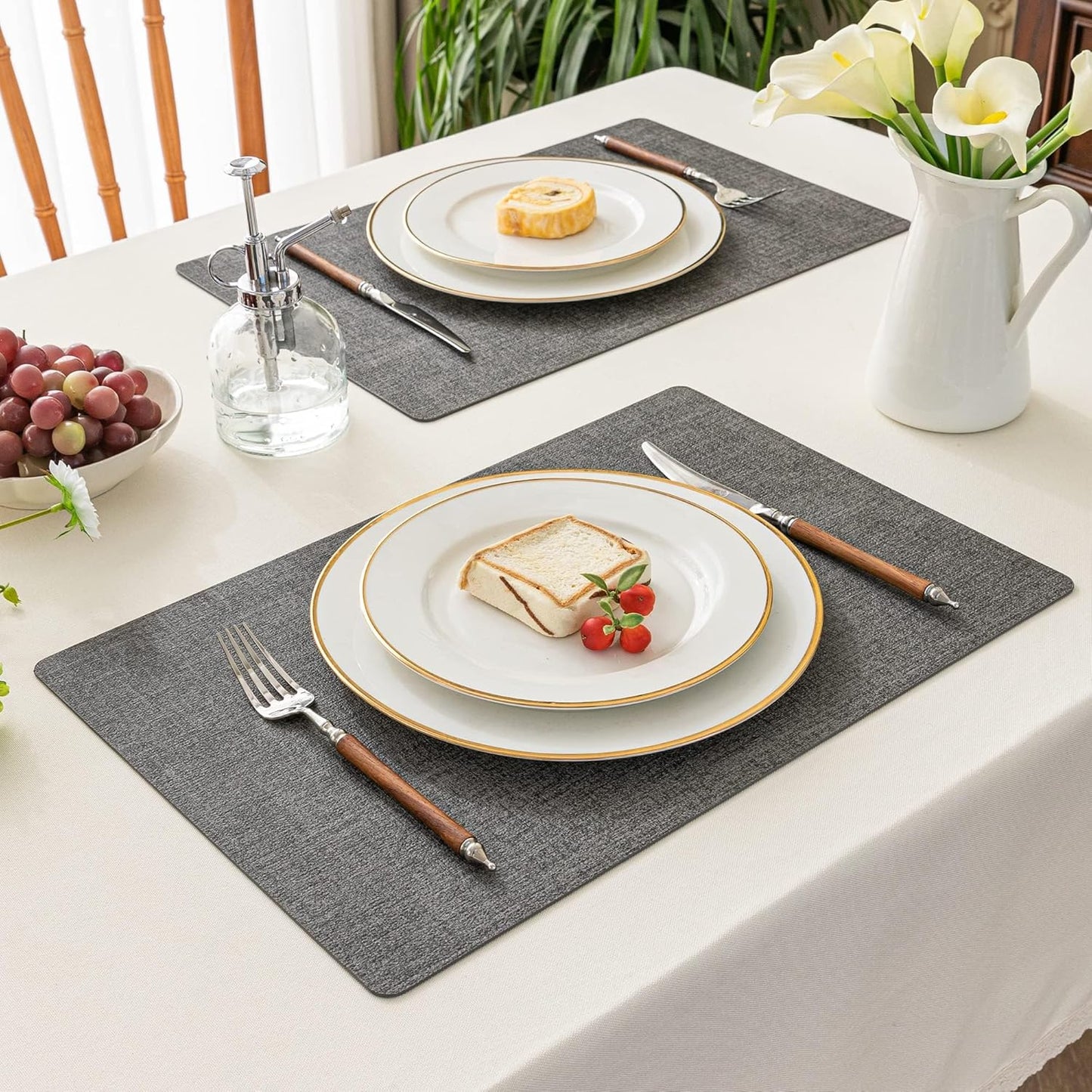 Romanstile Reversible Vinyl Placemats Set of 6, Faux Leather 100% Waterproof Oil-Proof Wipeable Place Mats, Heat Resistant Dual Sided Table Mats for Kitchen/Dining/Party (Dark Gray, 12 x 17 Inch)