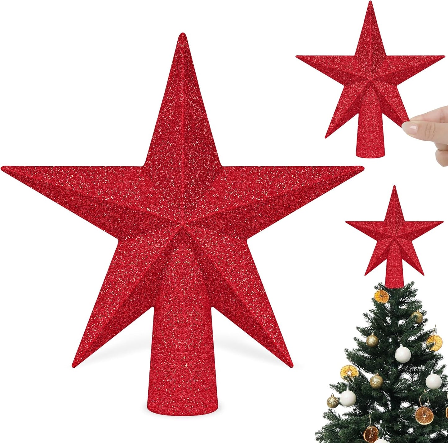 Star Tree Topper, 6" Red Christmas Tee Topper Decorations, Glitter 3D Xmas Bethlehem Star Waterproof Shatter-Proof, Christmas Tree Topper Ornament Decor for Christmas Holiday Party Indoor Outdoor Use