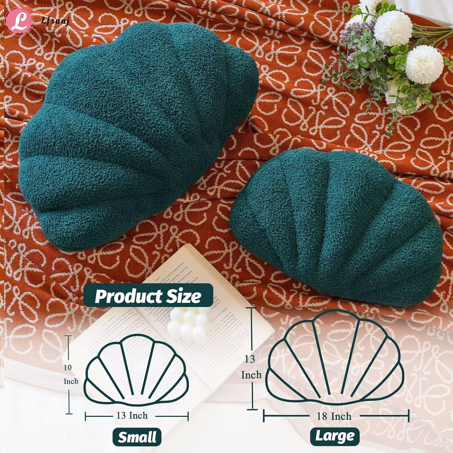 Emerald Green Seashell Throw Pillows, Shell Shaped Throw Pillows, 13 Inch Soft Home Decorative Pillow Plush Cushion for Bed Couch Living Sofa Room Decor Accent Throw Pillow