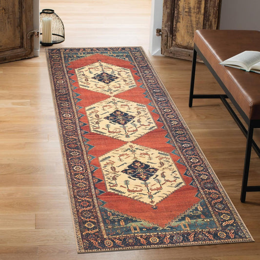 Keen Home Design 2x12 Rug - Machine Washable Runner with Non-Slip Backing, Ideal for Hallway, Entryway, Kitchen, Laundry Room - Vintage, Easy Clean, Durable, Low Pile Rug - (2'6" x 12')