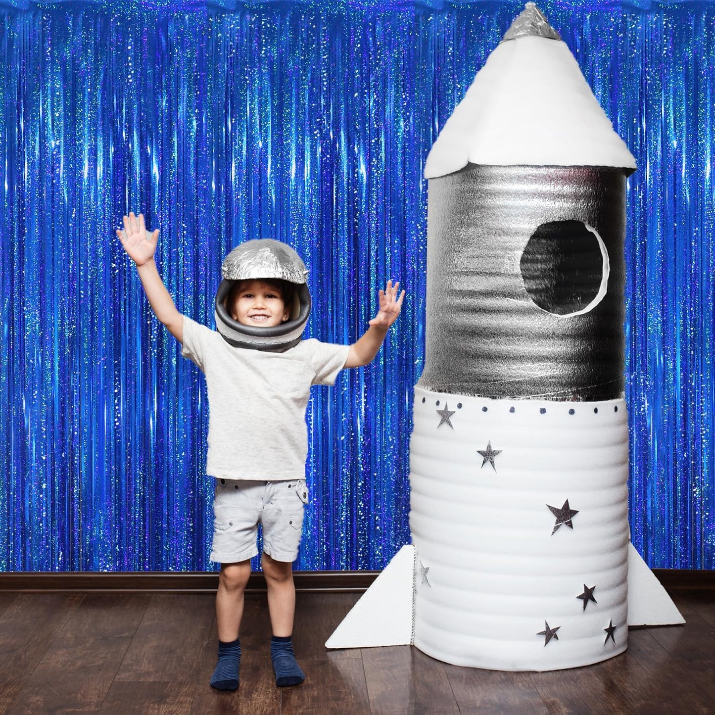 GOER 3.2 ft x 8.2 ft Metallic Tinsel Foil Fringe Curtains Party Photo Backdrop Party Streamers for Birthday,Graduation,New Year Eve Decorations Wedding Decor(4 Packs,Shiny Blue)