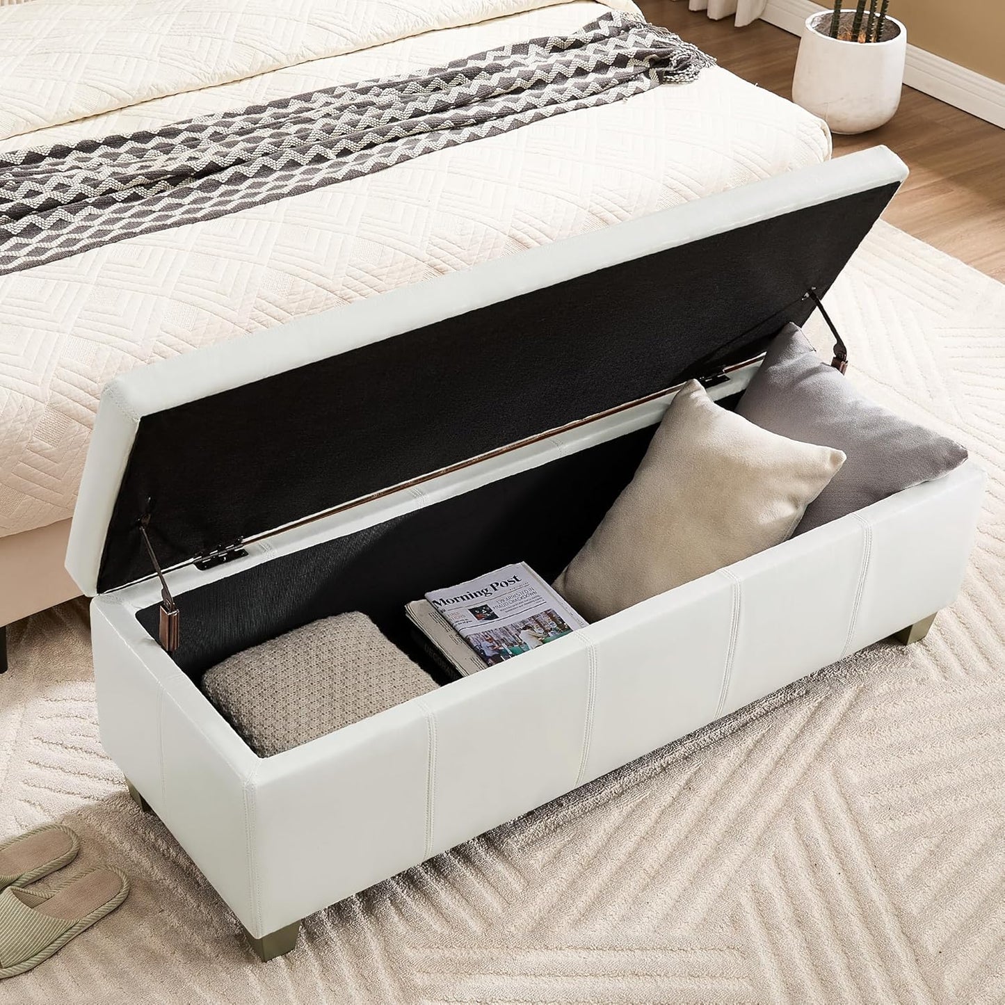 41" Faux Leather Storage Ottoman, Stitch Tufted Rectangle Upholstered End of Bed Storage Bench, Entryway Large Couch Ottoman with Wooden Legs,White