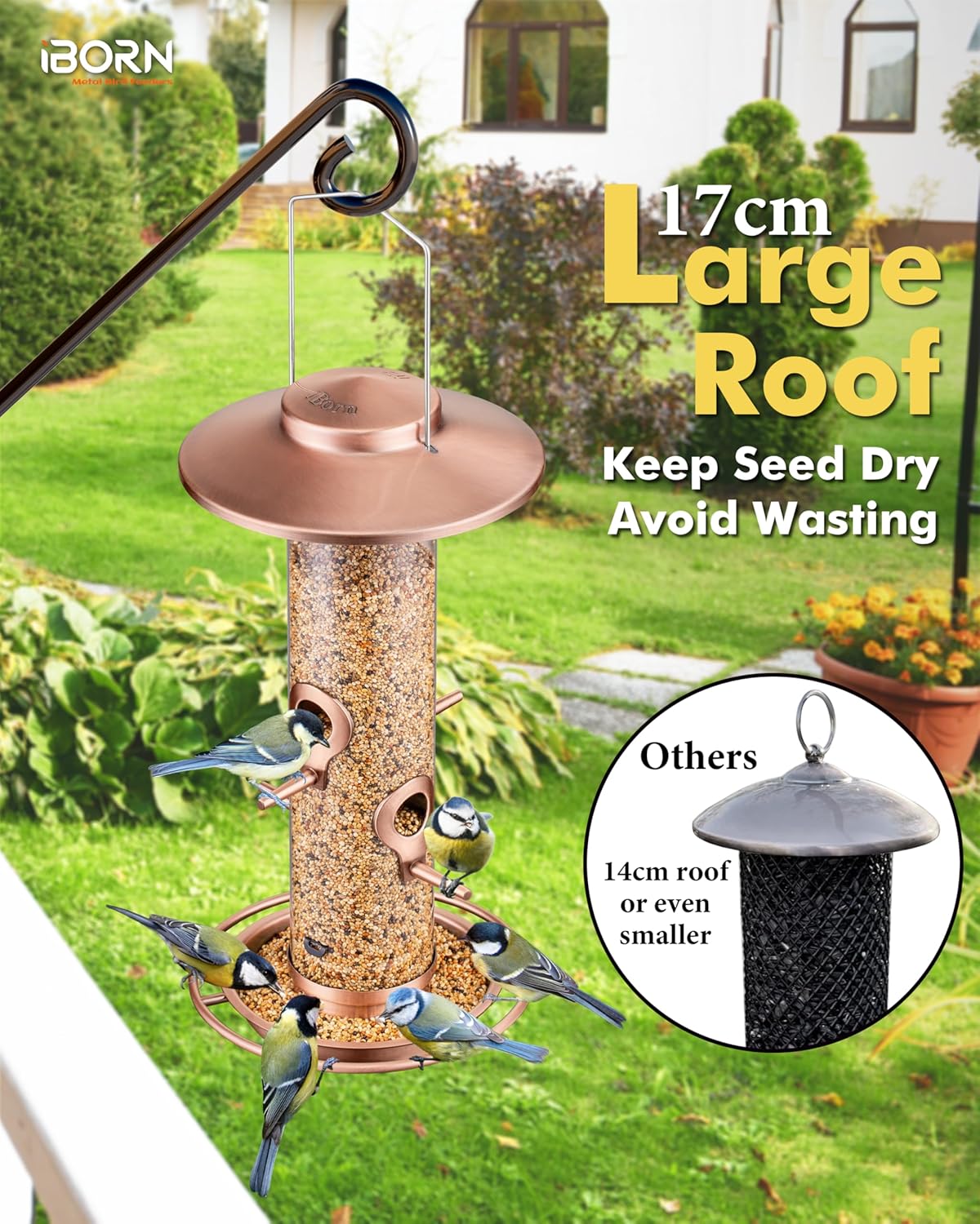 iBorn Bird Feeders for Outdoors, 2LB Metal Bird Feeders 17cm Large Roof &Tray, 4 Feeding Ports, Brushed Copper Finishing