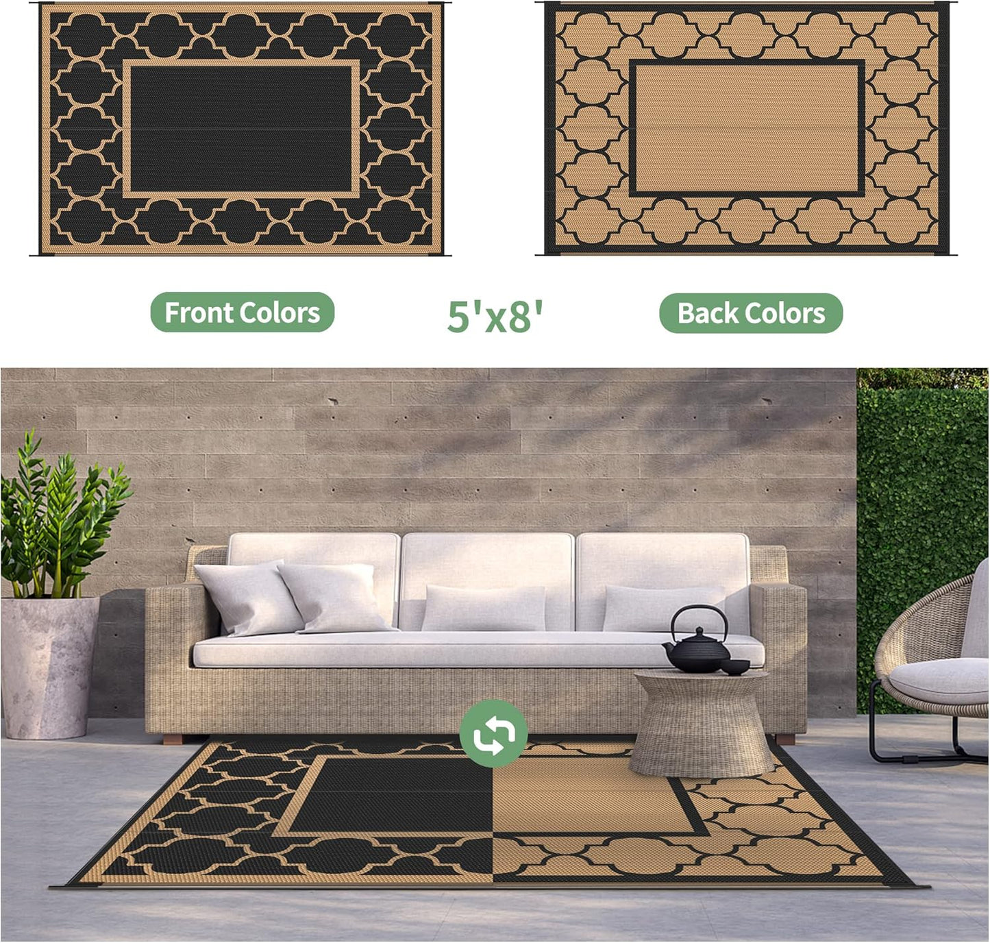 GENIMO 5' x 8' Outdoor Rug Waterproof for Patio Decor, Foldable Reversible Plastic Straw Area Rugs Mat for Camper, Outside Carpet for Rv, Deck, Porch, Picnic, Beach, Balcony, Black & Brown