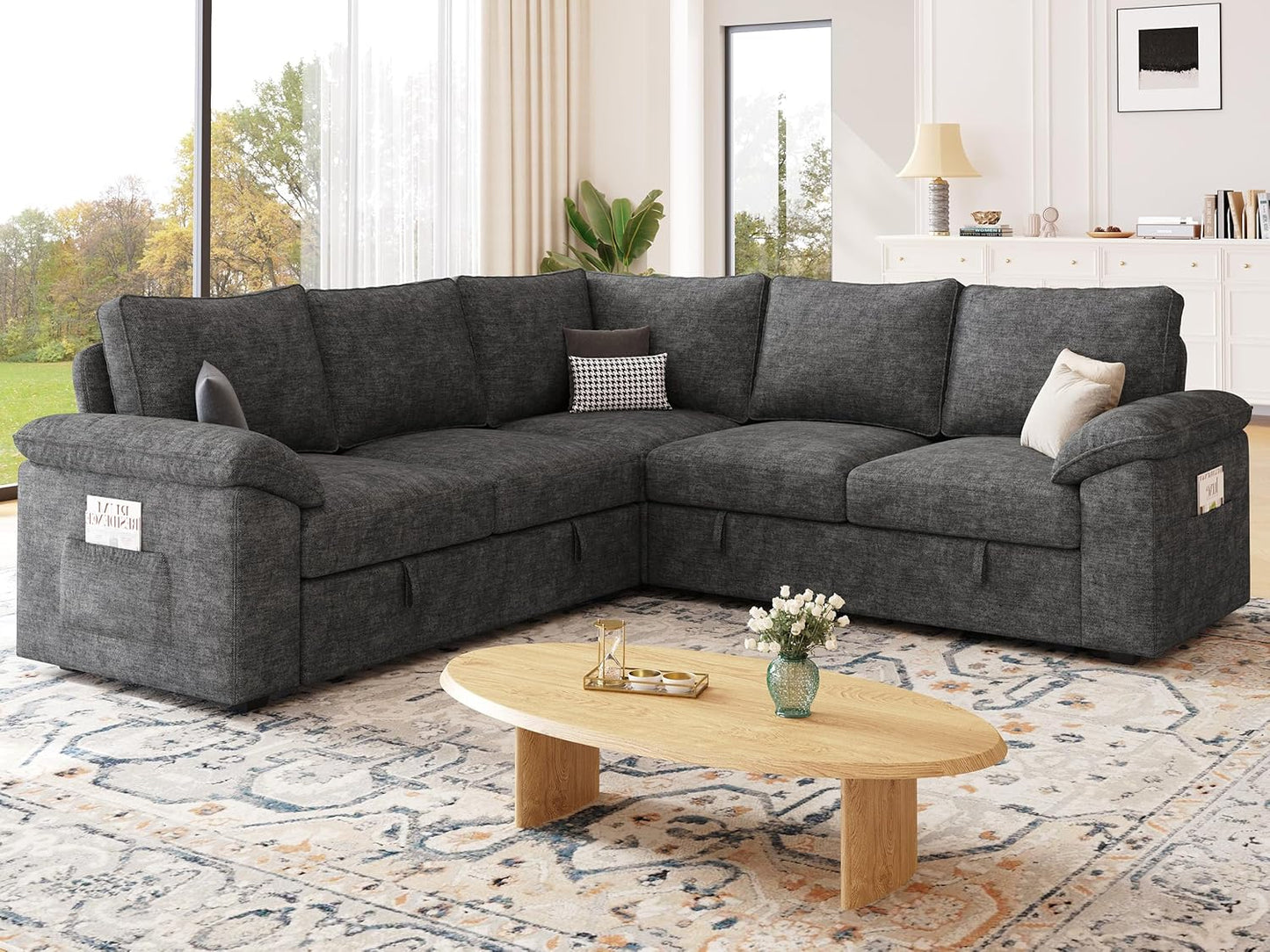 85 Inch Modular Sectional Sofa with Pull Out Bed,L Shaped 5 Seat Sectional Sleeper Sofa with Storage,Sectional Couches for Living Room,Cloud Modular Couch,Removable Sofa Cover,Dark Grey