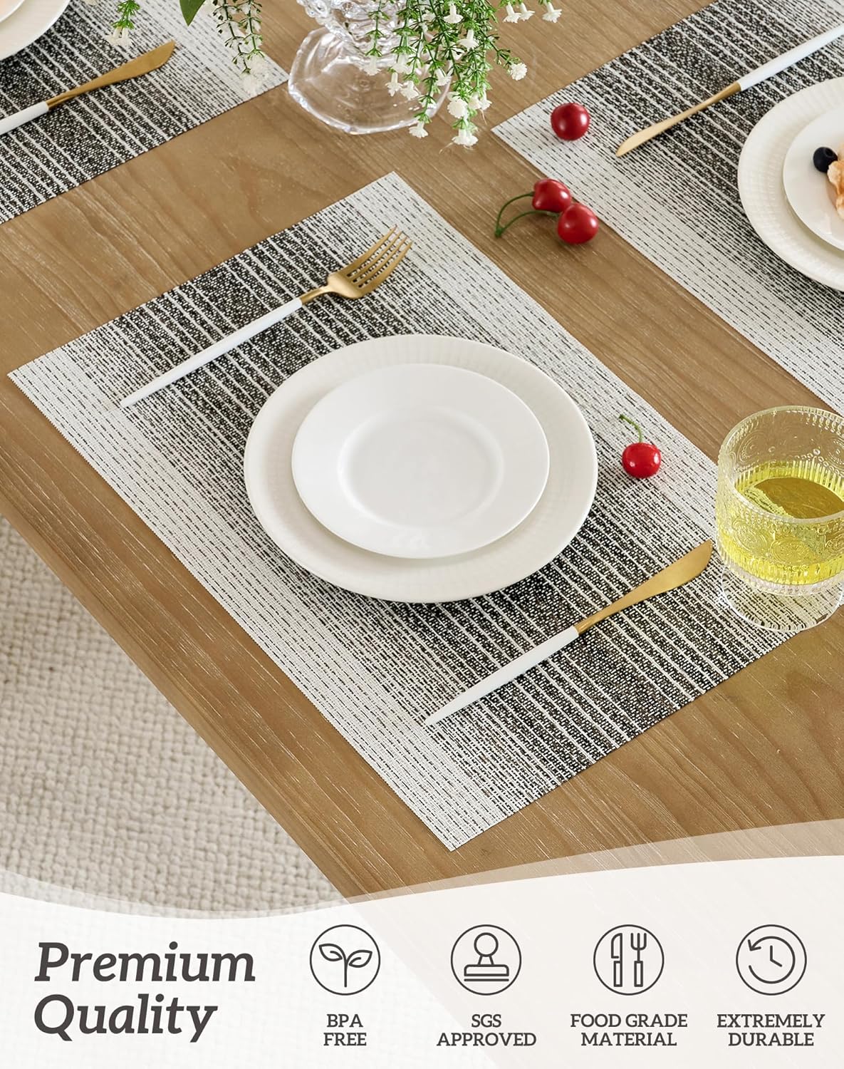 Leetaltree Black with White Woven Placemats Set of 4 - Heat Resistant Non-Slip Place mats for Dining Table, Washable Durable PVC Vinyl Woven Table Mats(Black with White, 4)