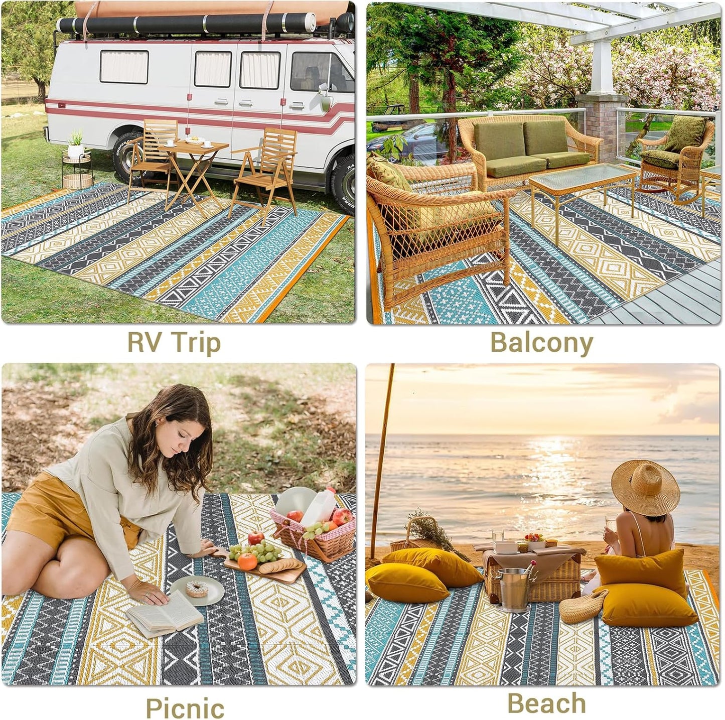 GAOMON Outdoor Rug Waterproof 8'x10', Reversible Outdoor Plastic Straw Rug, Boho Patio Rug, Indoor Outdoor Carpet, RV Mat Outside for Patio, Camp, Picnic, Balcony, Deck, Teal/Yellow(Bohemia)