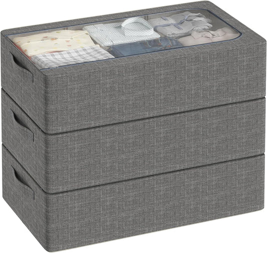 3PCS Under Bed Storage Bins with Metal Frame, Linen Fabric Frame Storage Box Clothes Organizer Bins, Underbed Container with Clear Window (Dark Grey, 23.6 x 13 x 6IN)
