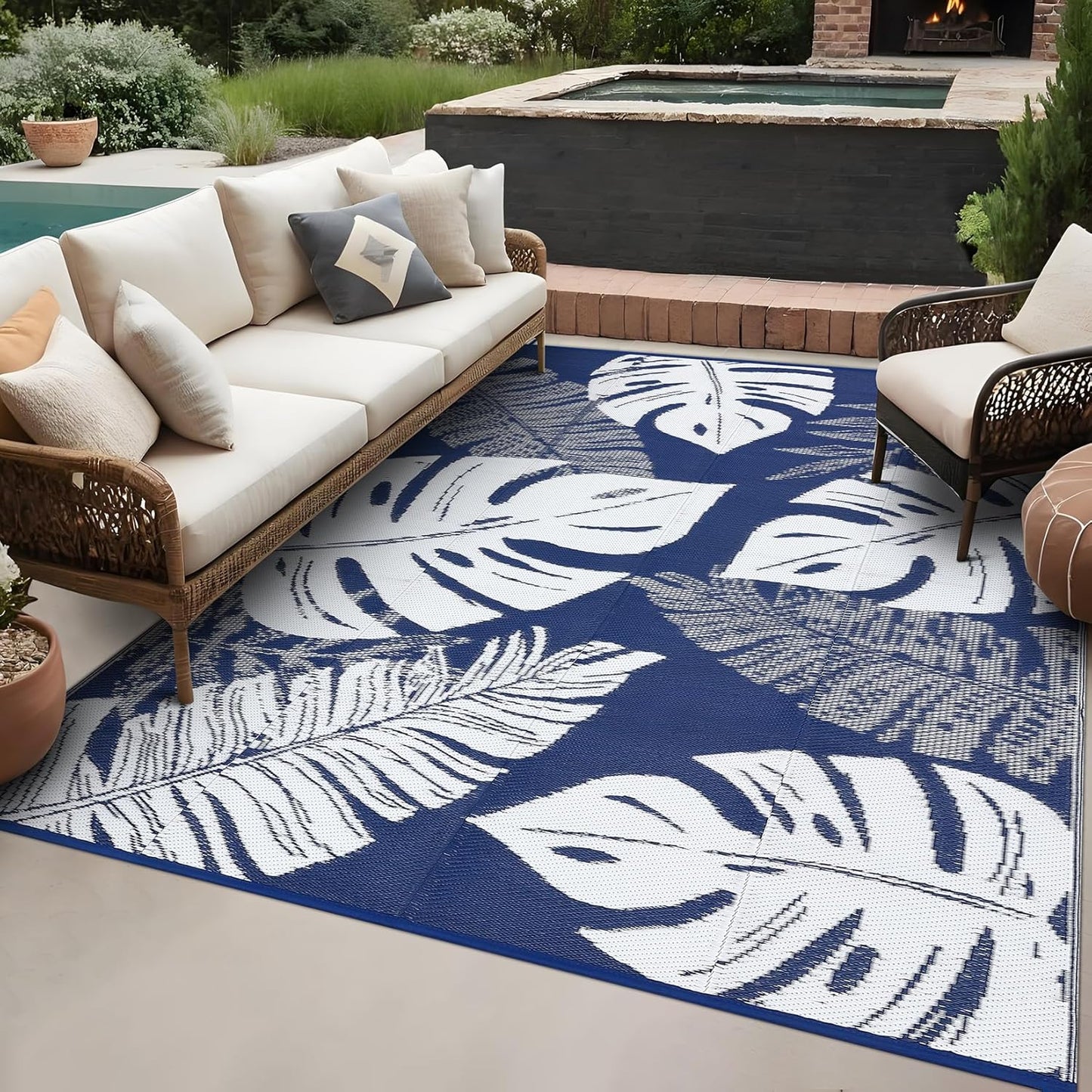 GAOMON Patio Rugs Outdoor 8x10 Waterproof Reversible Plastic Straw Rug Modern Patio Carpet, Foldable Lightweight RV Camping Mat with Portable Bag & 4 Stakes, UV Resistant & Sturdy for Picnic, Blue