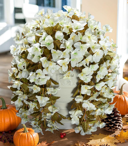 Bougainvillea Artificial Flowers Plants for Outdoors Outside Fall Autumn Decoration, 2 pcs Faux Silk Long Trailing Vines UV Resistant Look Real White Fake Flowers for Front Door Porch Planter Urn Yard