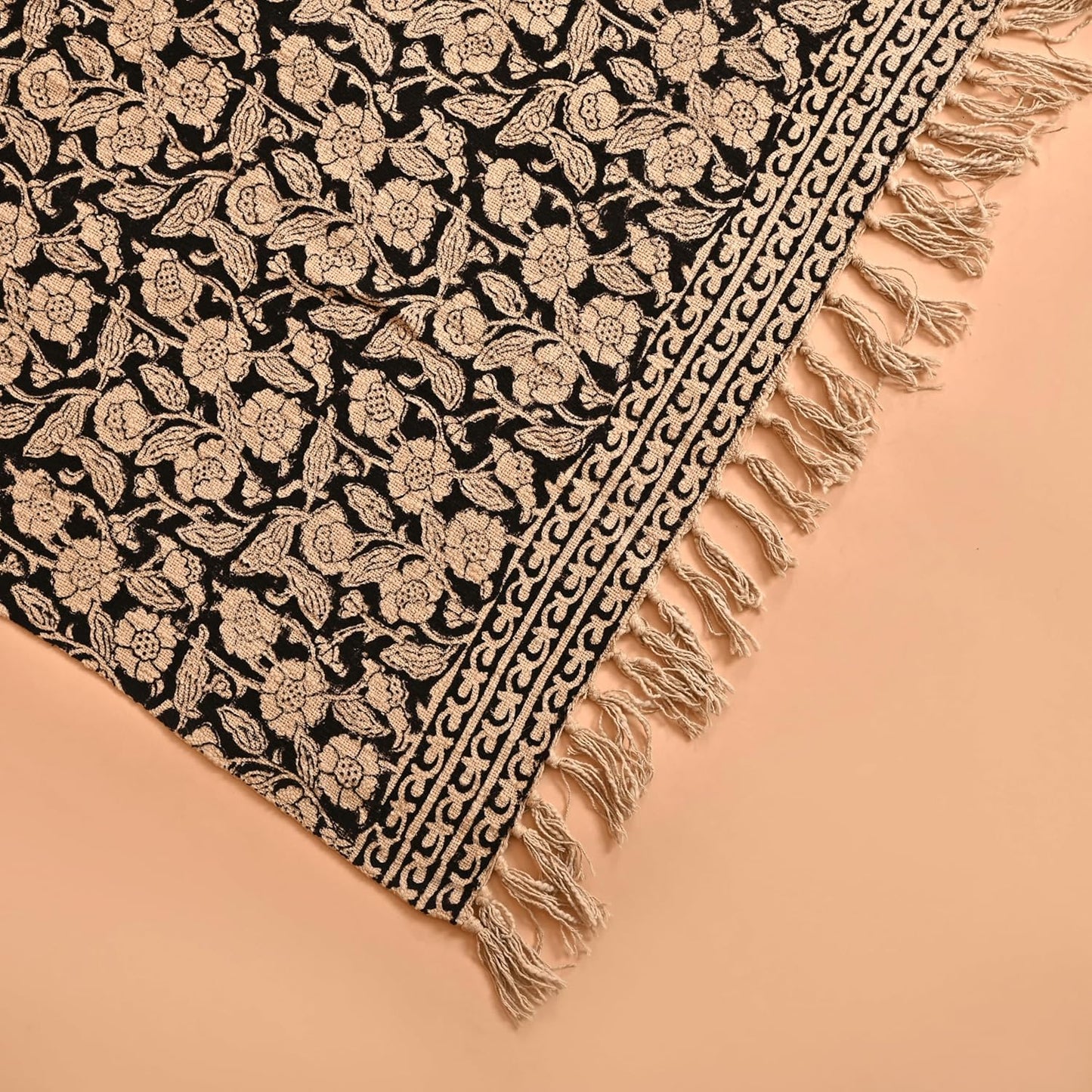 Handmade Cotton Throw Blanket, Floral Block Print, Black and Beige Wrap, 47x71 inches Decorative Woven Throw with Tassels