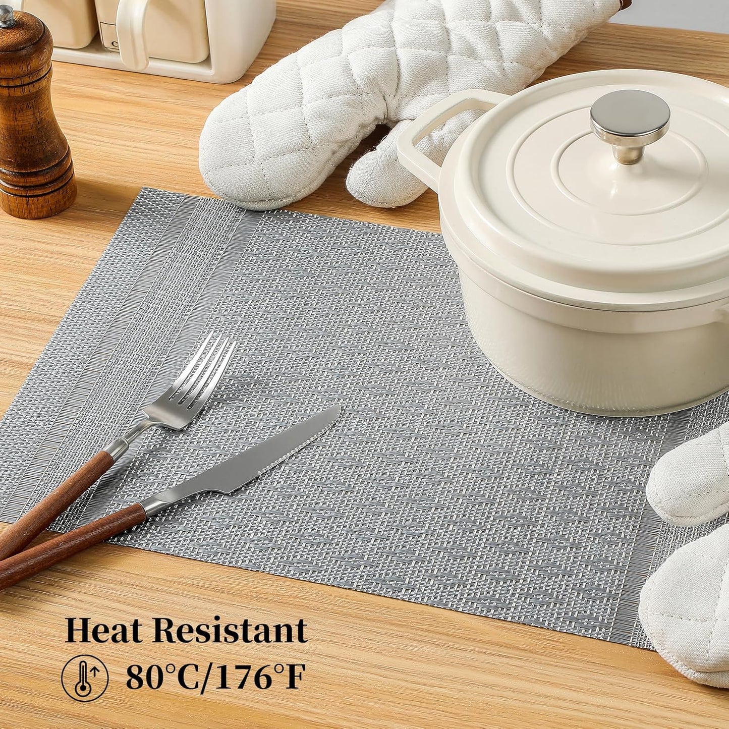 Leetaltree Lunar Grey Placemats Set of 4 - Heat Resistant Non-Slip Place mats for Dining Table, Washable Durable PVC Vinyl Woven Table Mats（Lunar Grey, 4）