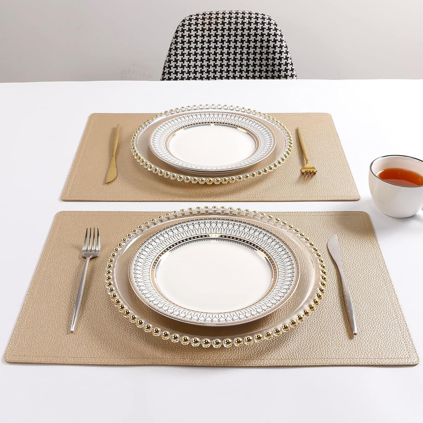 Faux Leather Gold Placemats, PU Table Mats, Set of 4, Waterproof, Heat Resistant, Non-Slip, Easy to Clean for Kitchen Dining Table,Conference Table