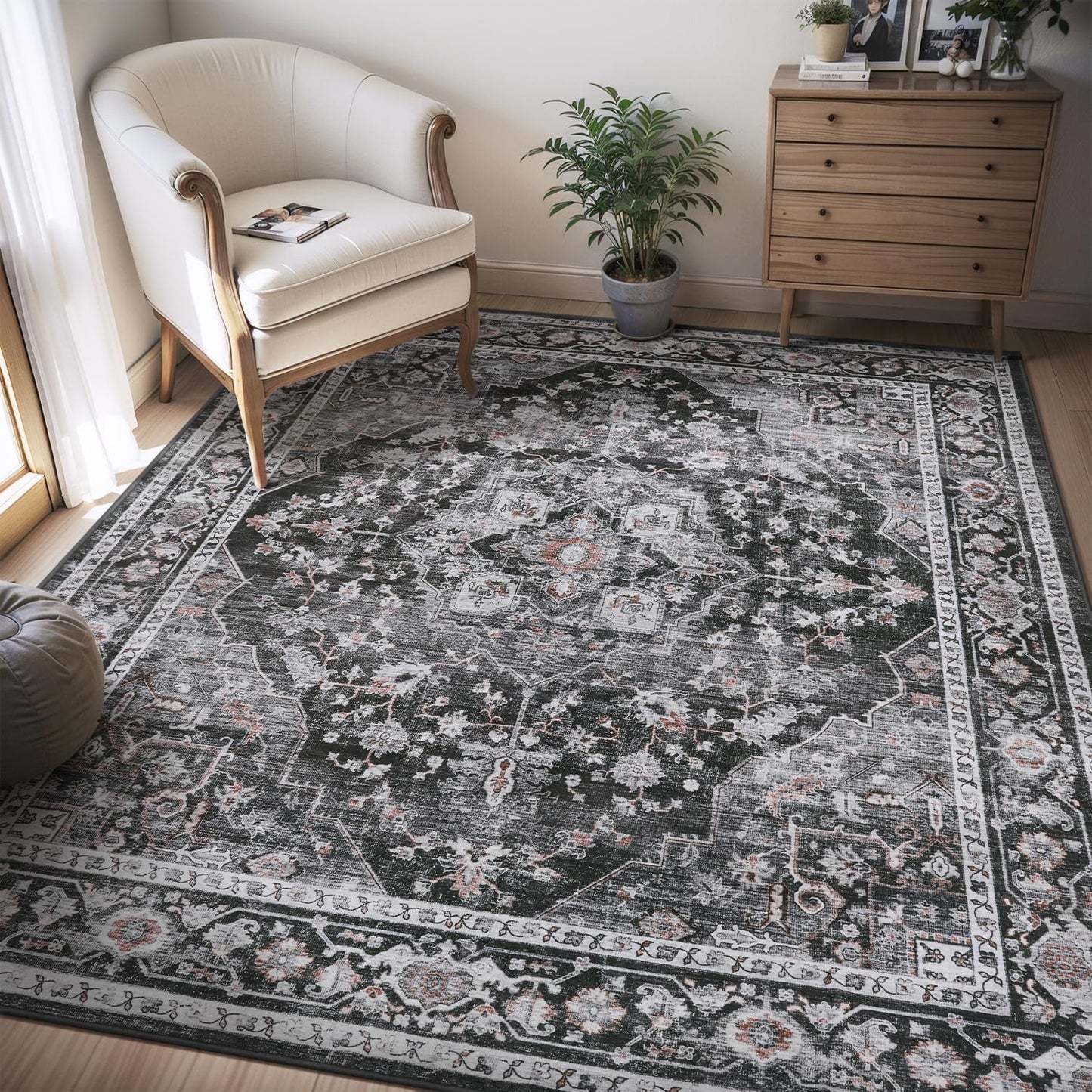 AMOAMI-3X5 Area Rug-Soft Washable Rugs for Living Room Bedroom -Non Slip Entryway Rug-Indoor Vintage Throw Rug Accent Rug for Living Room Laundry Room Kitchen Bathroom Bedside Dark Grey & Black