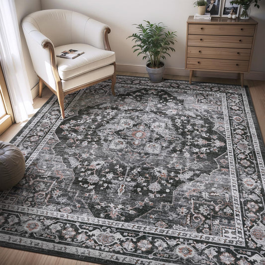 AMOAMI-4X6 Area Rugs for Living Room -Soft Vintage Bedroom Rug-Non Slip Washable Rug-Throw Rugs for Living Room Bedroom Bedside Dining Room Office Dark Grey & Black