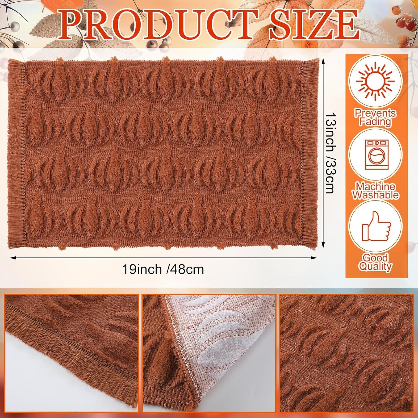 Nuanchu 4 PCS Rust Pumpkin Fall Placemats 13 x 19 Inch Autumn Harvest Soft Plush Faux Fur Wool Table Mats Thanksgiving Placemats for Party Kitchen Dining Decoration
