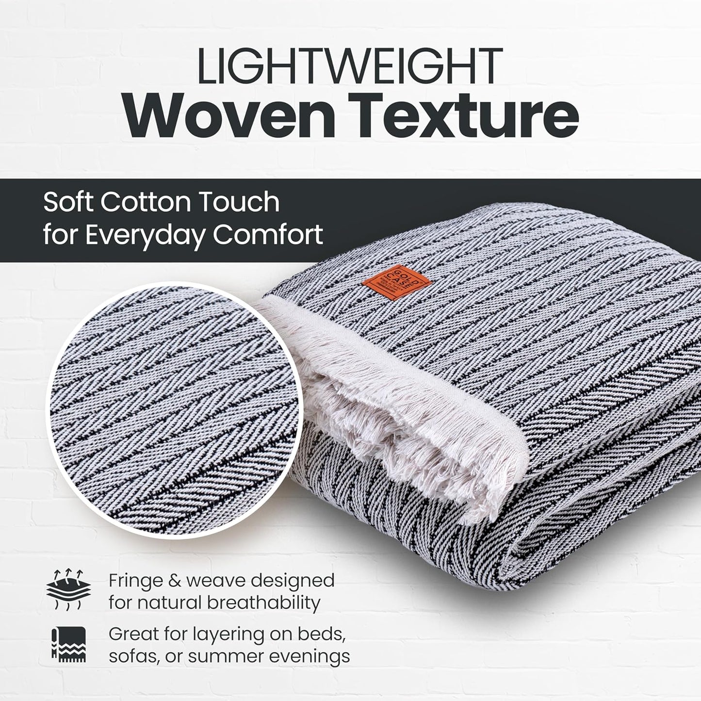 Gold Case Throw Blanket for Bed – 100% Recycled Turkish Cotton Bed Blanket – Decorative Throw Cotton Blankets for Living Room & Bedroom – Vintage Black Woven Queen Blankets – 90x90