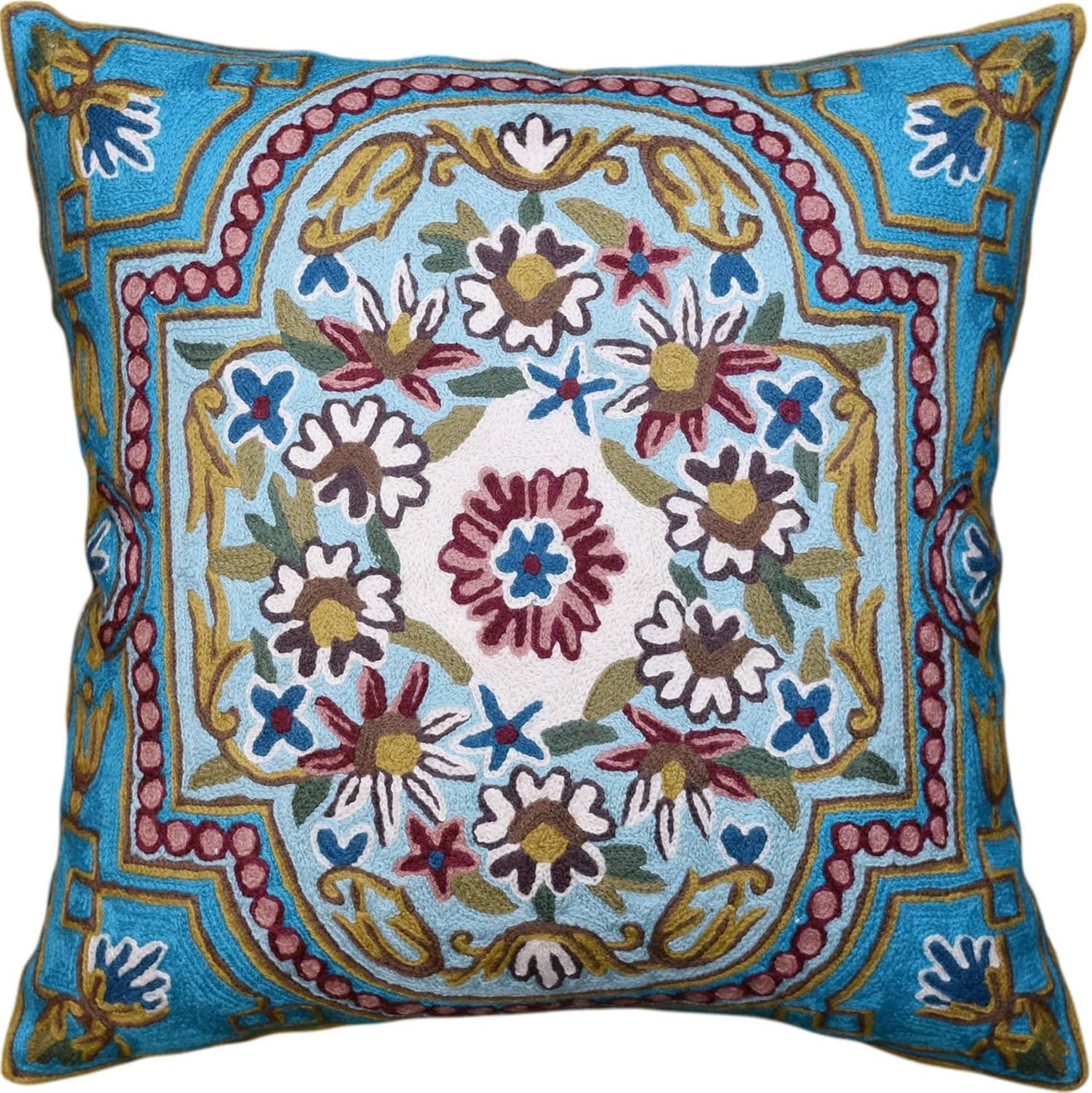 Turquoise Floral Pillow Cover Traditional Blue Flower Pillowcase Traditional Outdoor Cushion Suzani Flower Throw Florals Chair Farmhouse Hand Embroidered Cushions Wool 18x18 Inch