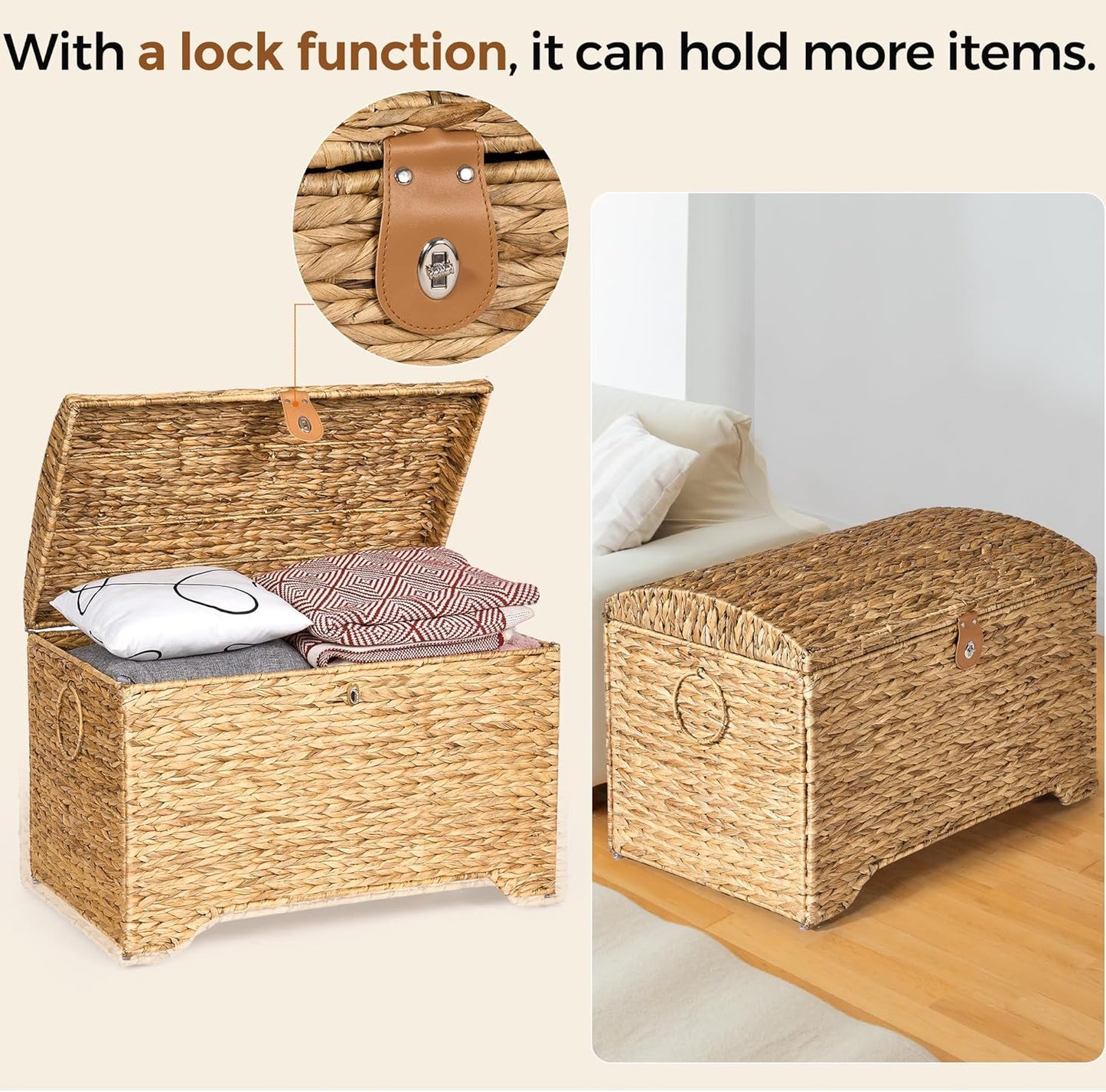Handwoven Storage Basket with Lid, 178L Wicker Storage Bin, Natural Water Hyacinth, Leather Buckle & Metal Frame, Metal Ring Handles for Easy Transport, Storage Chest & Trunk for Bedroom, Living Room