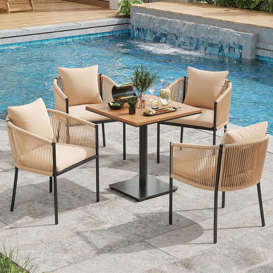 Soohow 5 Pieces Outdoor Dining Set for 4, Patio Table and Chairs Set 4 X Rattan Wicker Patio Chair with Cushions and 1 X Outdoor Table Plastic Wooden Top for Lawn, Deck Backyard, Poolside