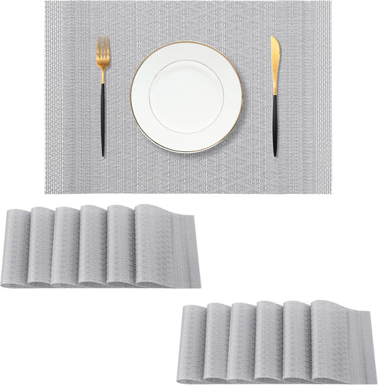 Leetaltree Lunar Grey Placemats Set of 12 - Heat Resistant Non-Slip Place mats for Dining Table, Washable Durable PVC Vinyl Woven Table Mats（Lunar Grey, 12）