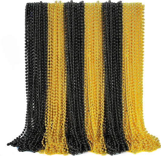 50PCS New Years Eve Bead Party Supplies, Black Gold Bead Necklace, 33" New Years Eve Beaded Necklaces, Festival Mardi Gras Parade Throw Accessories for Halloween Trick or Treat Accessories