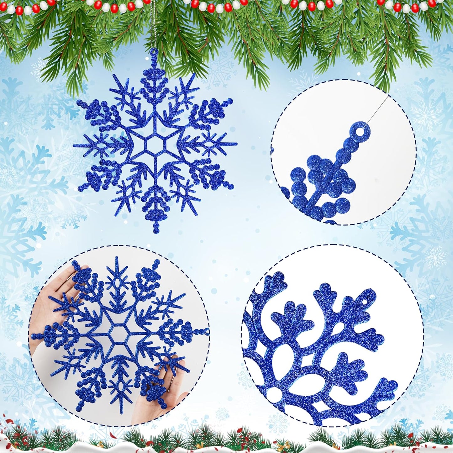 6pcs Large Navy Blue Snowflakes Ornaments 12" Big Plastic Glitter Snowflake for Winter Indoor Outdoor Christmas Tree Window Room Decorations Giant Craft Snowflakes