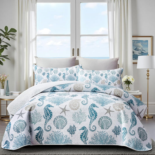 Coastal Bedding King Size Coastal Quilt with 2 Shams, Nautical Beach Comforter Sets Ocean Bedspreads Blue Seahorse Coverlet Summer Bedding, 96''x106''