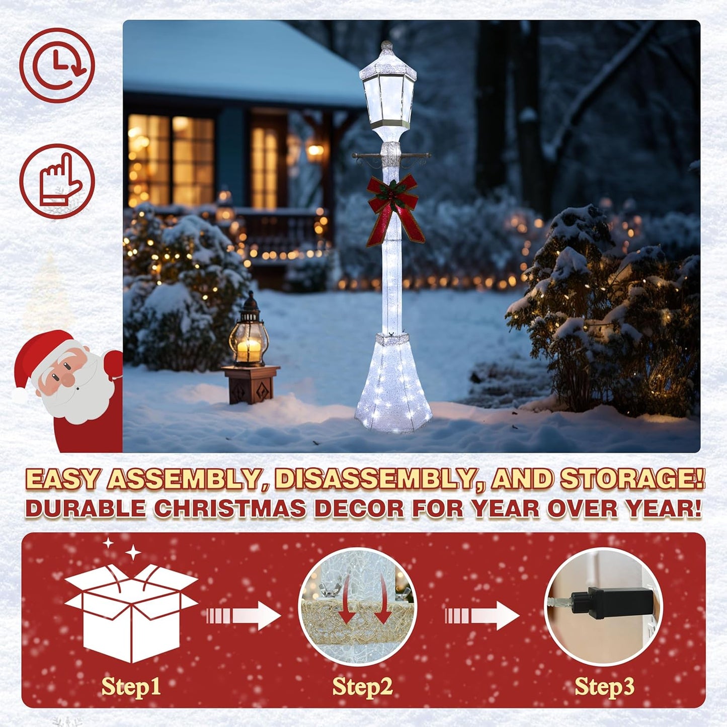 6FT Lighted Freestanding Lamp Post for Christmas Decoration, Pre-Lit Iridescent Post Lamp with 120 LED Lights & Removable Bow, Outdoor 3D Glittered Standing Festival Display, White