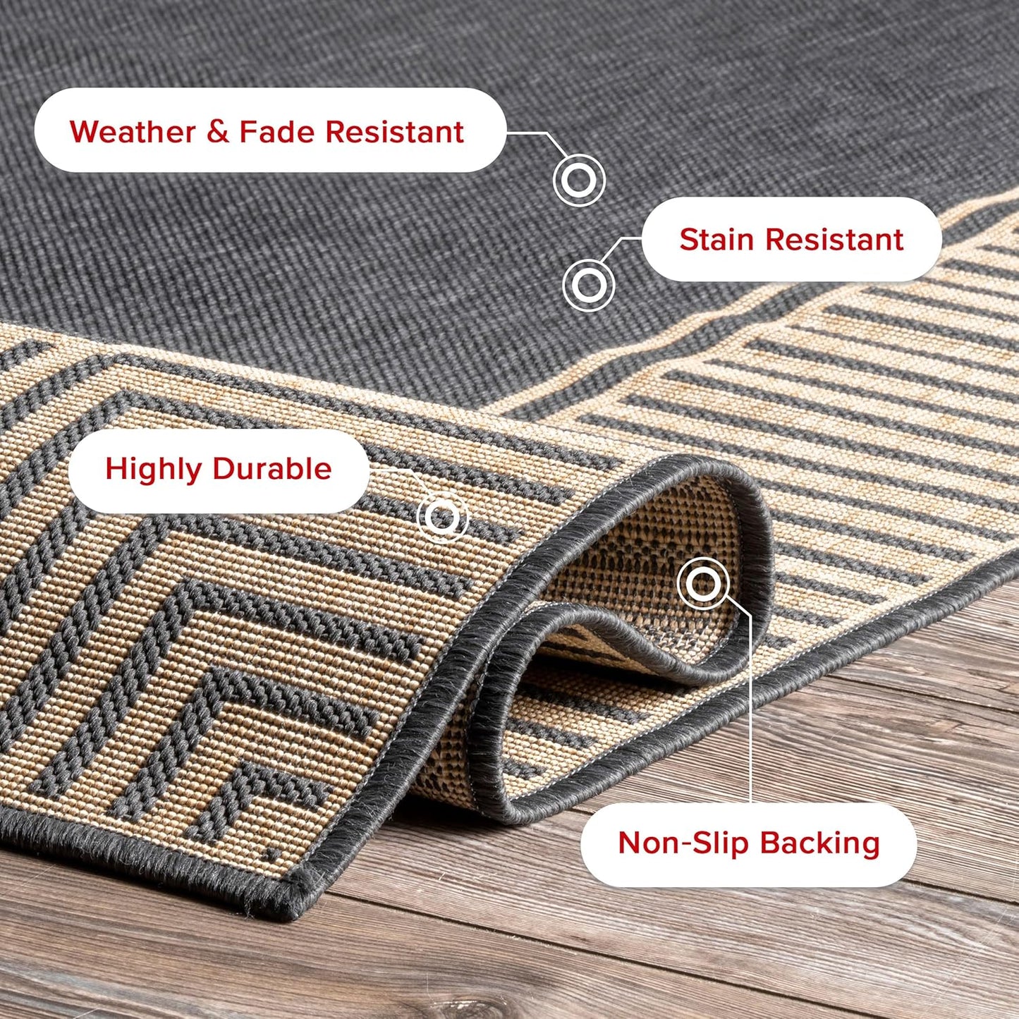 nuLOOM 4' x 6' Outdoor Area Rug, Casual Design With Striped Border, Stain Resistant, Highly Durable, For Patio, Balcony, Bedroom, Living Room, Dining Room, Bathroom, Dark Grey