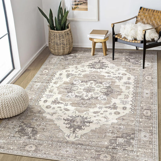 Washable Area Rugs for Living Room - 5x7 Neutral Vintage Distressed Floral Farmhouse Boho Large Soft Floor Rug Indoor Non Slip Carpet for Living Room Bedroom Dining Room Office -Brown/Beige