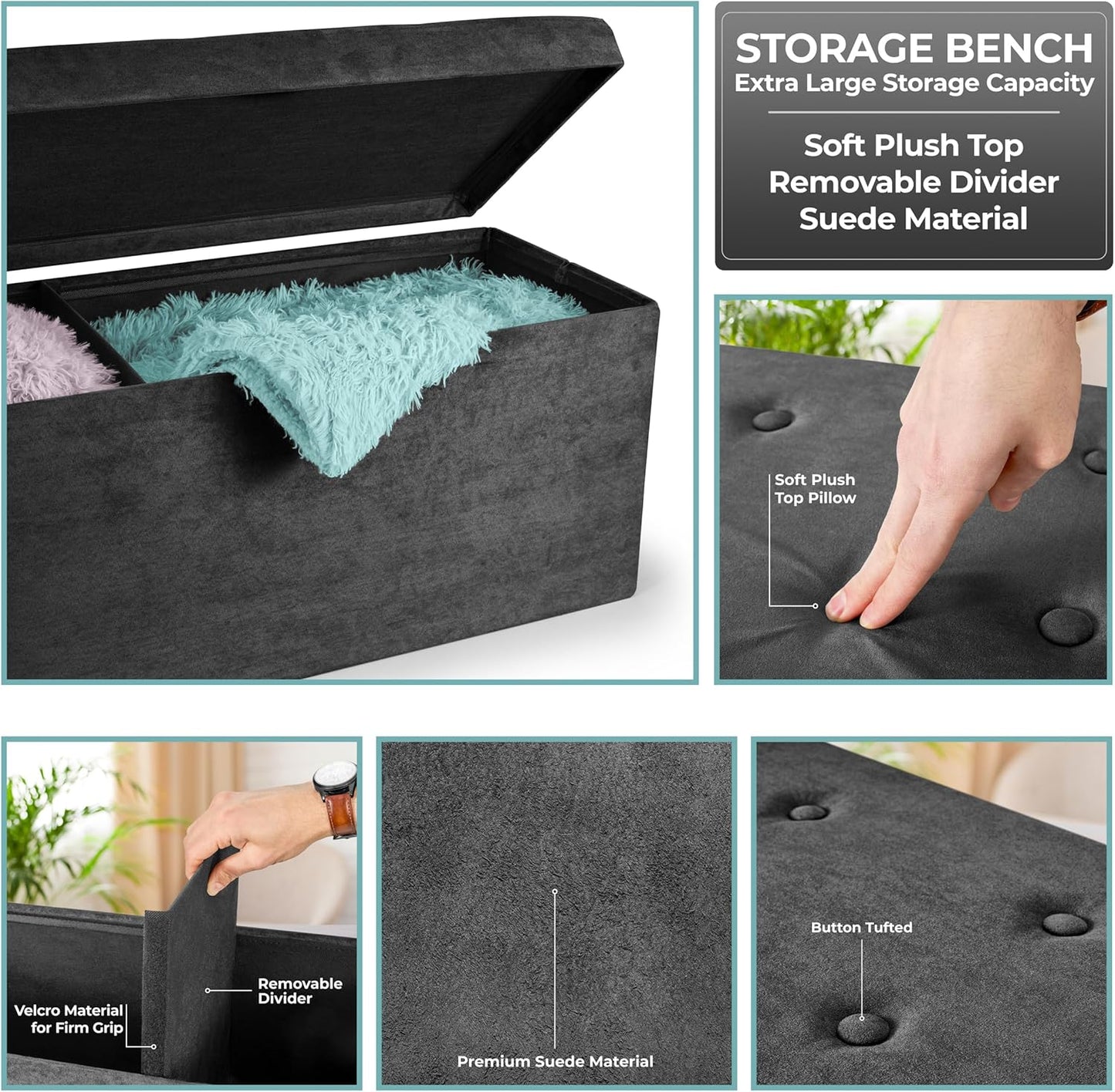 Sorbus Storage Ottoman Bench – for Living Room, Hallway, End of Bed, Bedroom Bench 43 in Large Folding Chest Seat Trunk w/Cover – Blankets, Coffee Table, Foot Rest– Tufted Velvet Linen Fabric (Black)