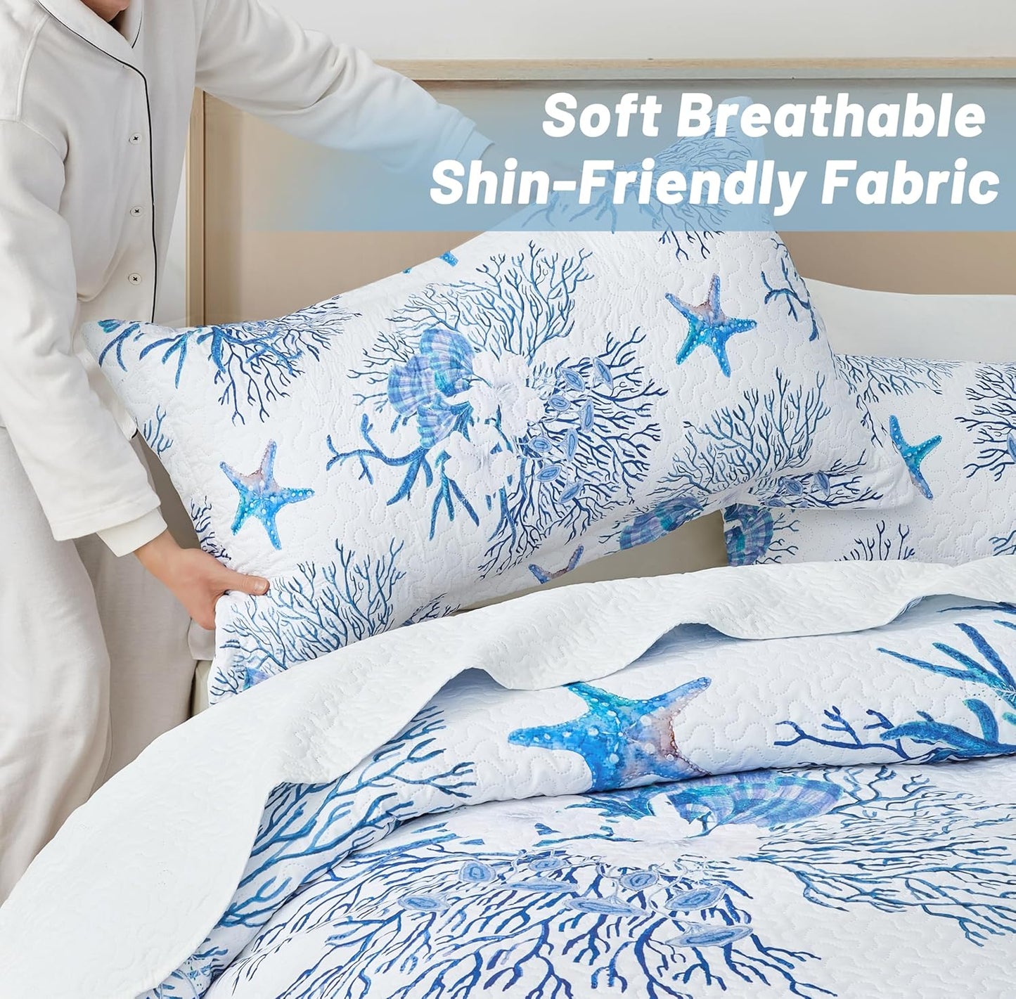 Coastal Bedding King Size Coastal Quilt with 2 Shams, Nautical Beach Comforter Sets Ocean Bedspreads Blue Starfish Coverlet Summer Bedding, 96''x106''