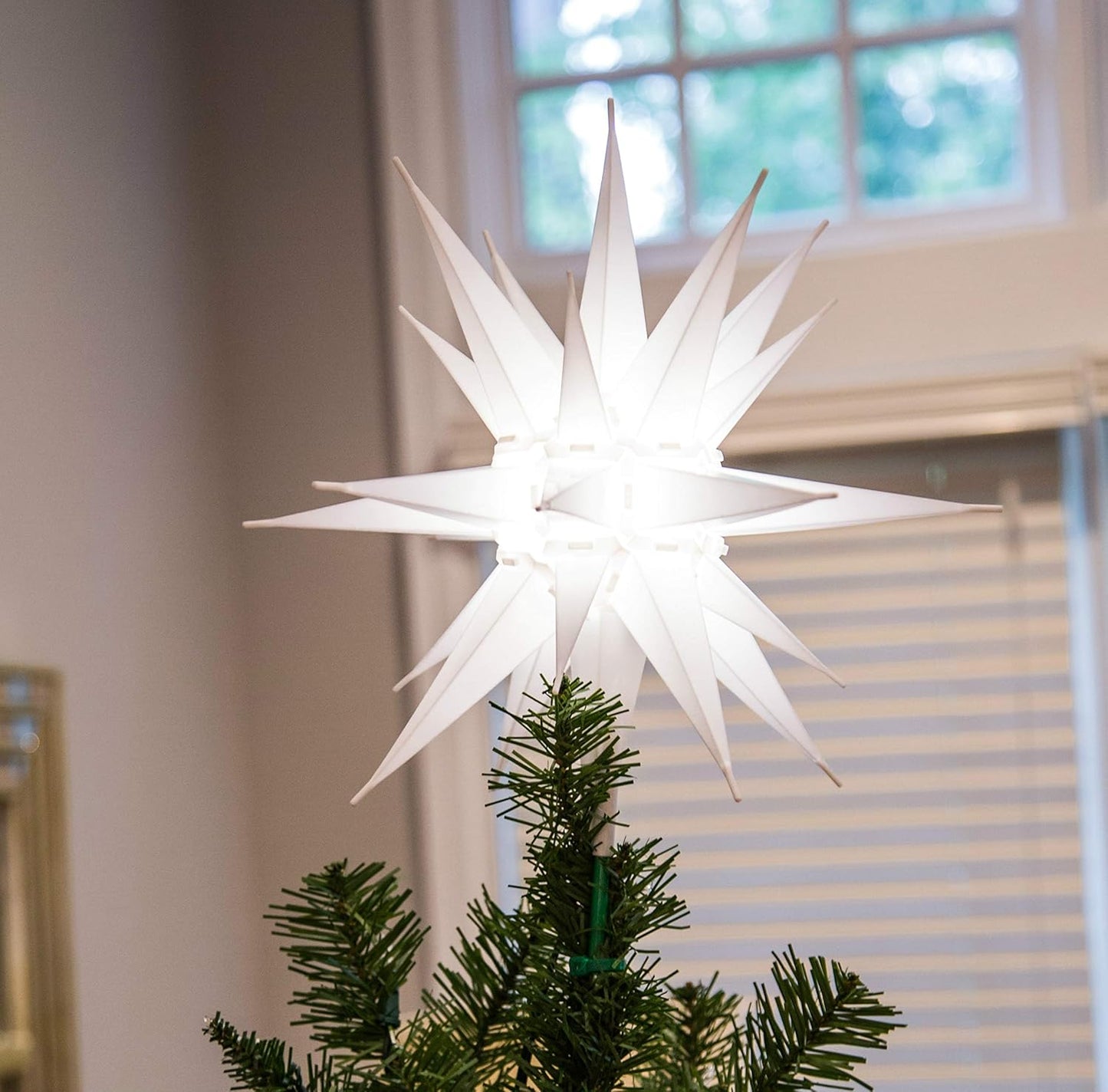 Elf Logic 12" Bright White LED Moravian Star Tree Topper - Hanging Outdoor/Indoor Christmas Tree Star Topper Light - Use as Holiday Decoration, Porch Light, Wedding and Ballroom Venue Decor