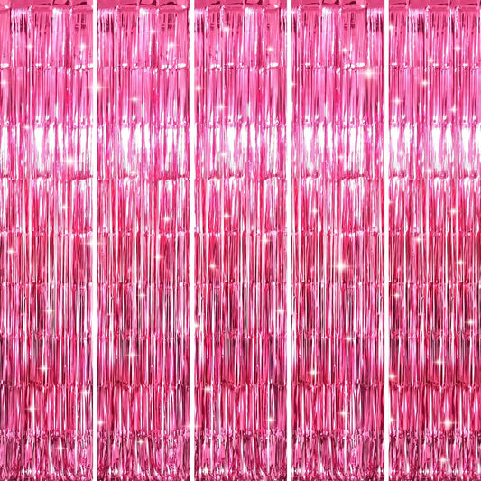 GOER 3.2 ft x 8.2 ft Metallic Tinsel Foil Fringe Curtains Party Photo Backdrop Party Streamers for Galentines Day,Birthday,Graduation,New Year Eve Decorations Wedding Decor (5 Packs,Hot Pink)