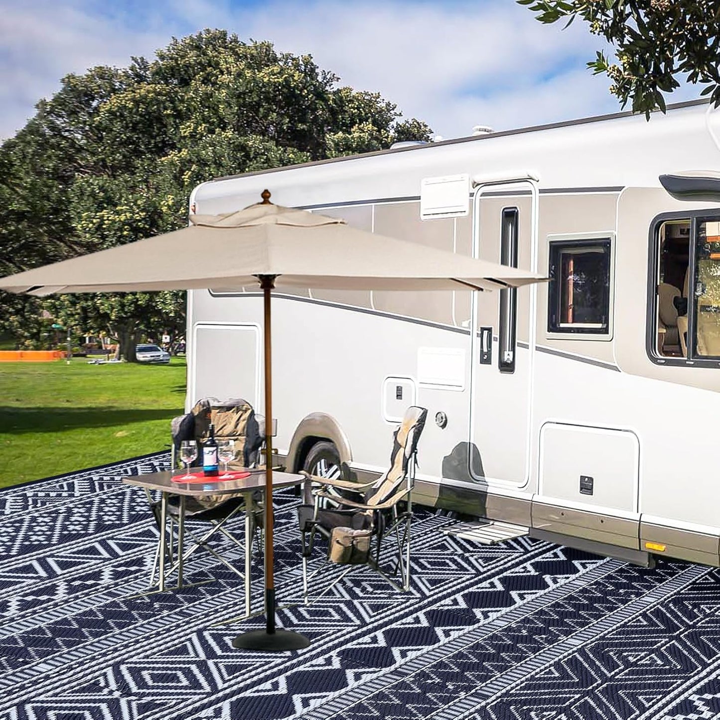 GAOMON Outdoor Rug 9'x12' Waterproof Rug for Patio Decor, Foldable Reversible Plastic Straw Area Rugs Mat for Camper, Outside Carpet for Deck, Porch, Picnic, Beach, Dark Blue/White(Bohemia)